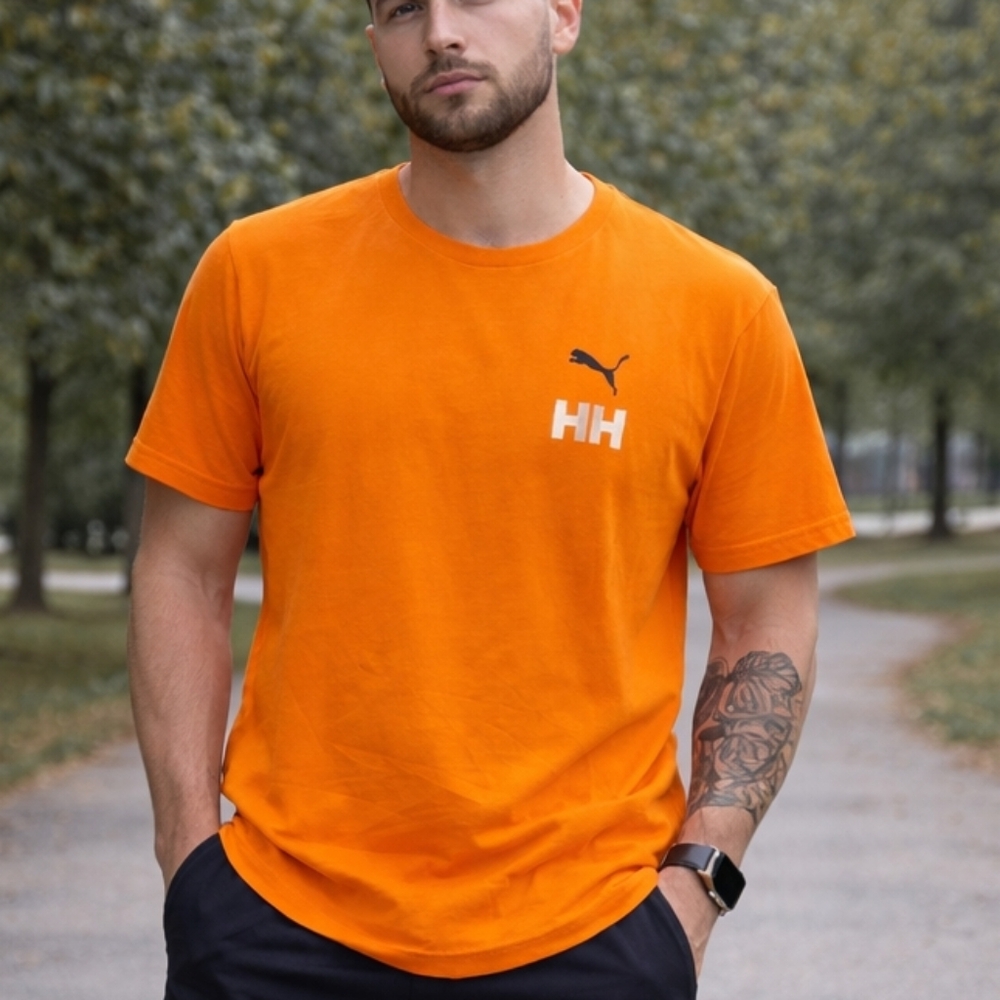 Puma x Helly Hansen T-Shirt Men’s Size M Orange Graphic Tee HH Logo Streetwear